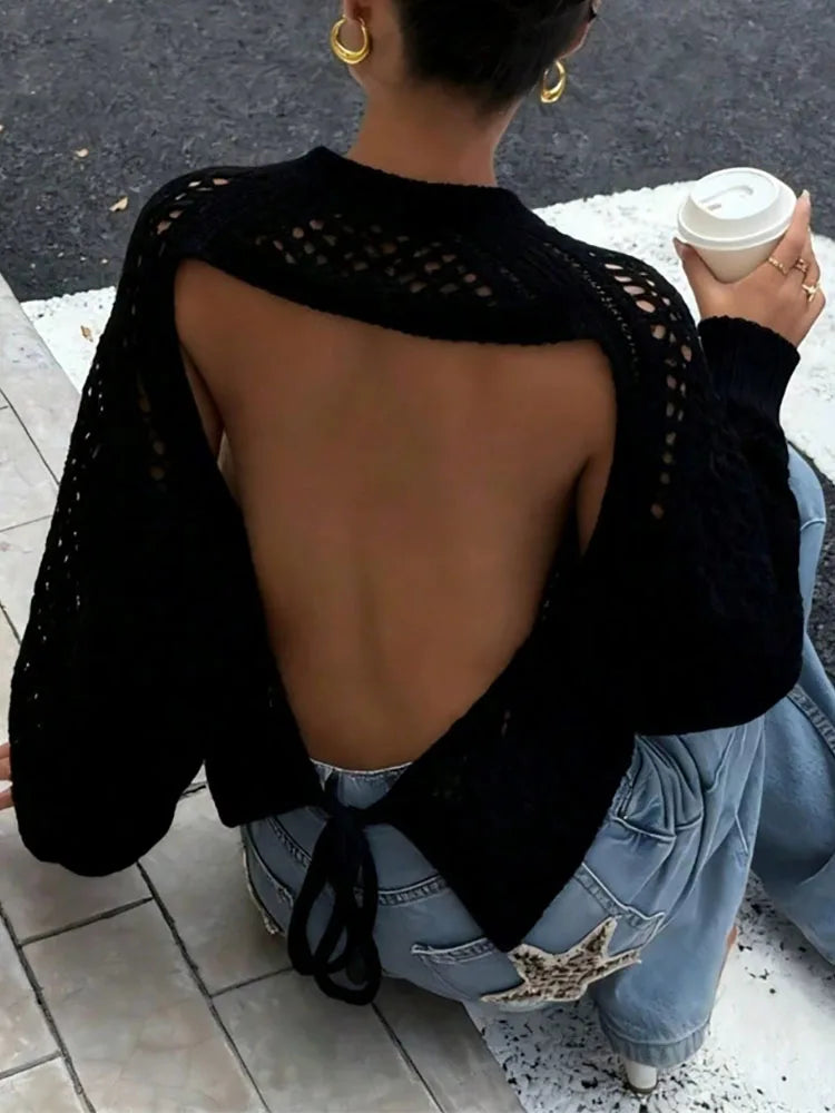 Long Sleeve Sheer Open Back Knit Sweater for Women