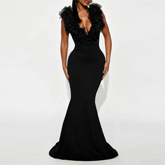 Elegant Deep V Neck Backless Ruffle Midi Dress for Women