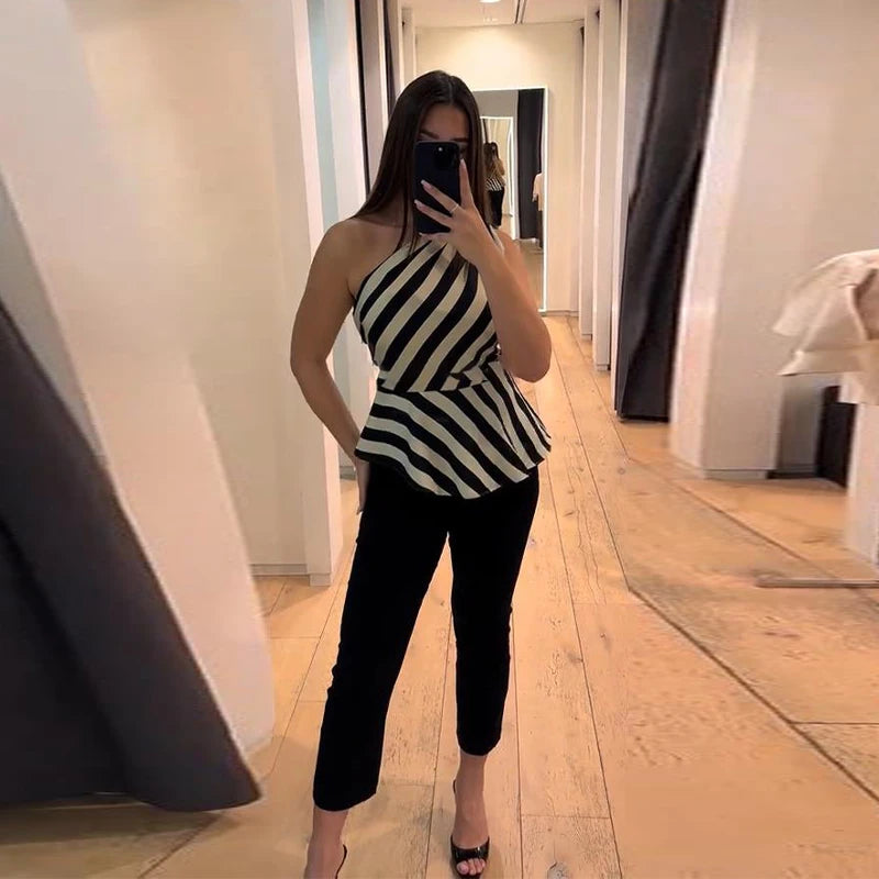 One Shoulder Striped Pleated Top With Backless Cut for Women