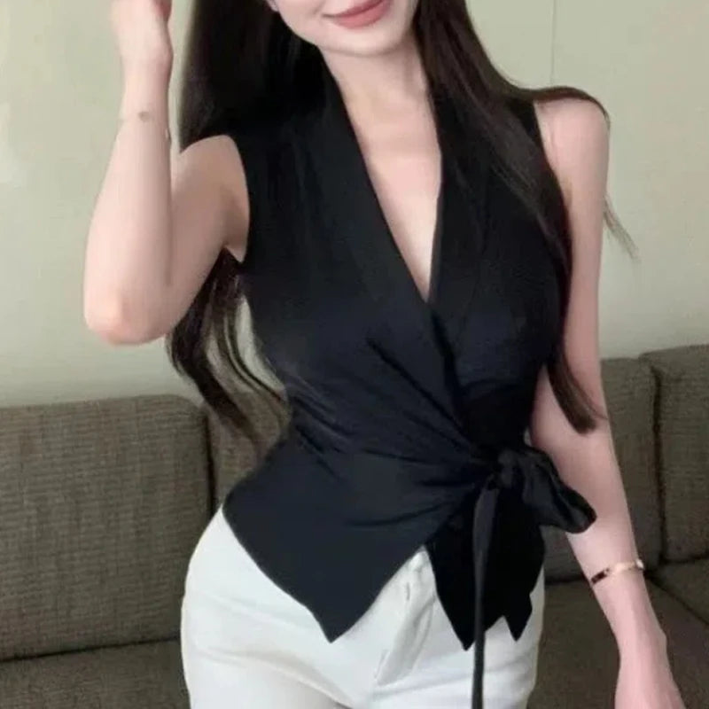 Solid V Neck Bandage Sleeveless Elegant Top for Women