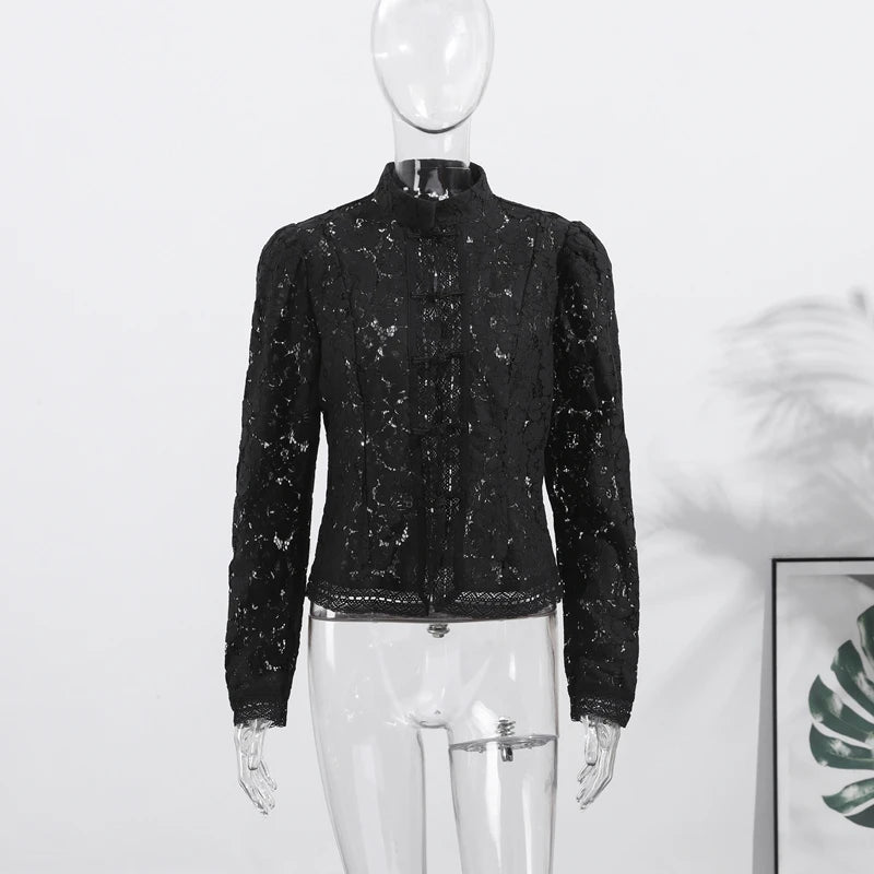 Elegant Embroidered Puff Sleeve Hollow Out Lace Blouse for Women