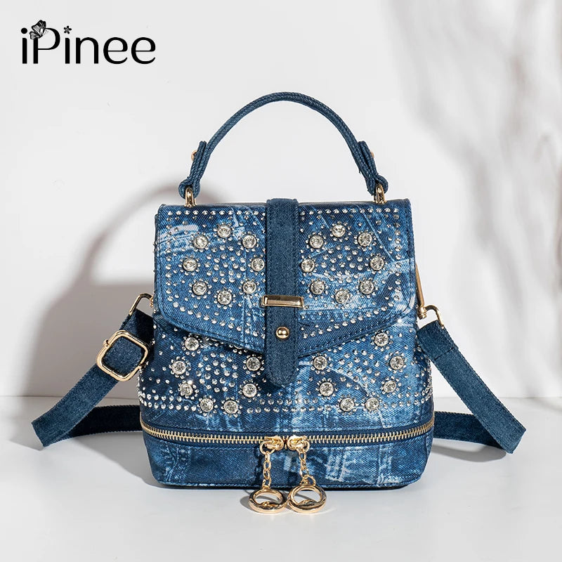 Diamond Embellished Denim Multiway Backpack for Women