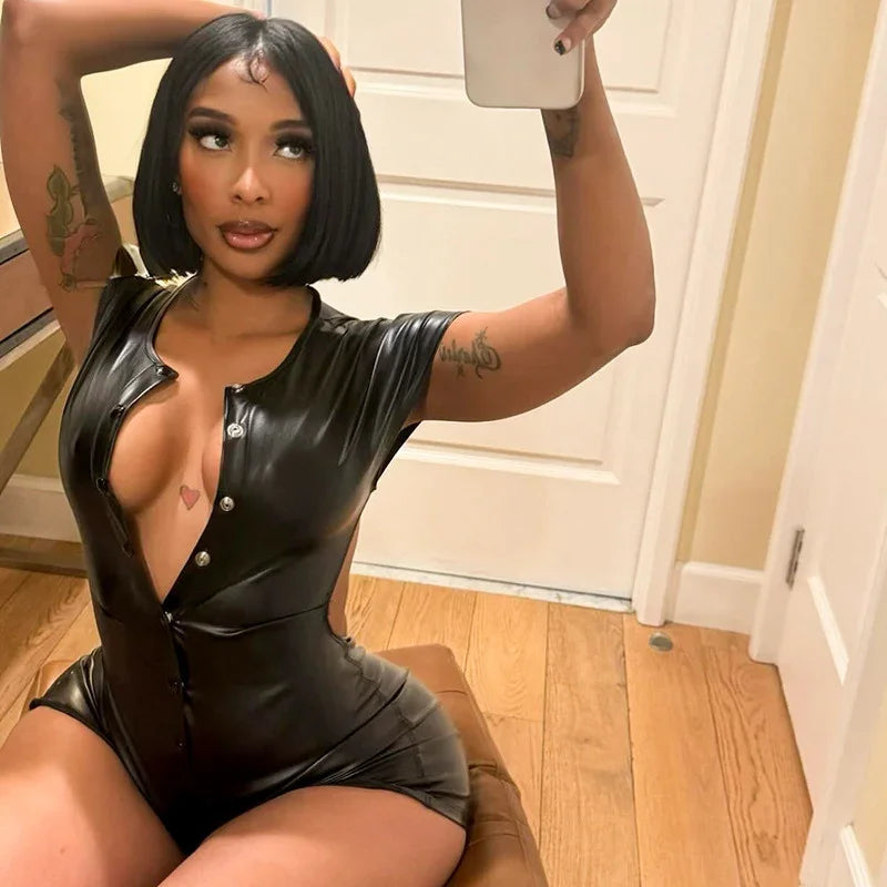 Sexy Polyurethane Leather Jumpsuit With Front Zip for Women
