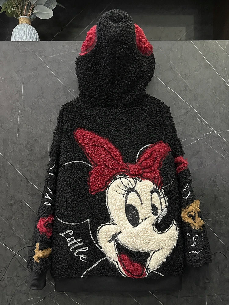 Fashion Autumn Winter Fluffy Overcoat Cute Minnie Loose Hooded Zip Cardigans Coat Mid-long Long Sleeve Sweet Lambswool Jacket