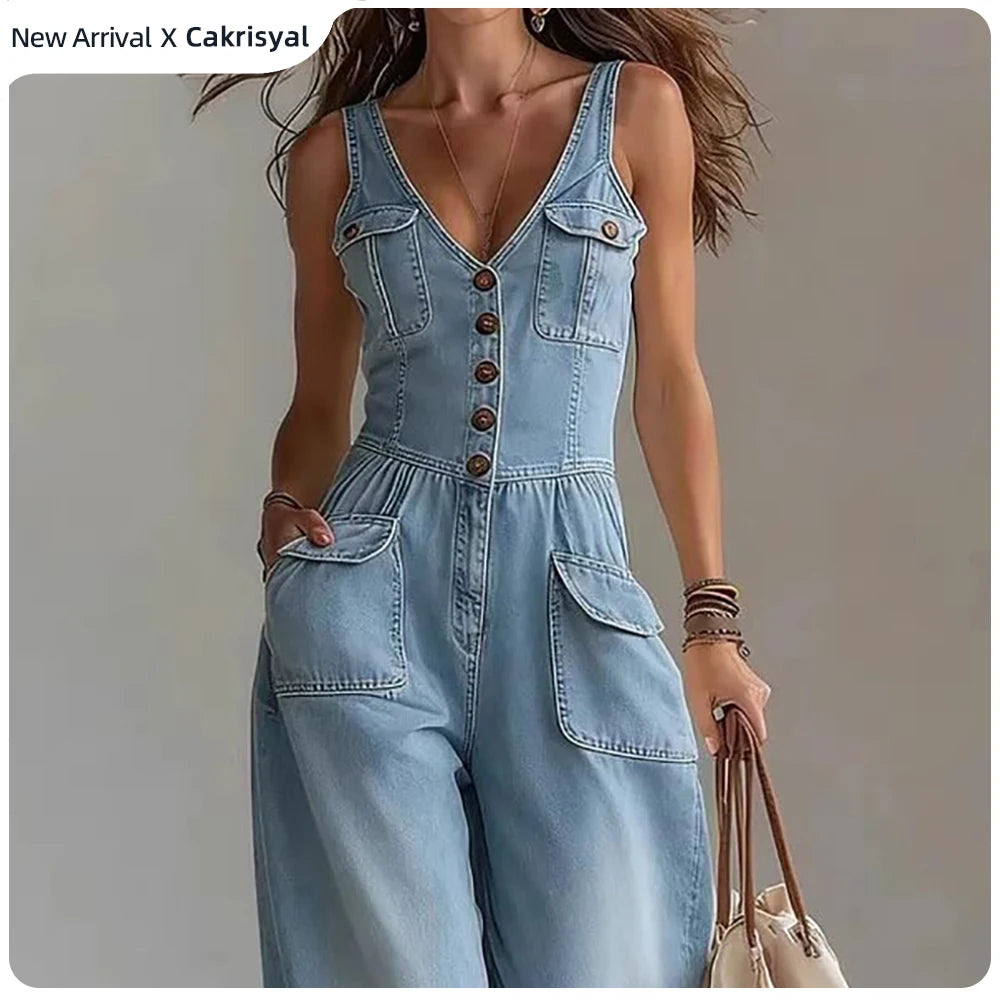 High Waist Button Front Wide Leg Jumpsuit for Women