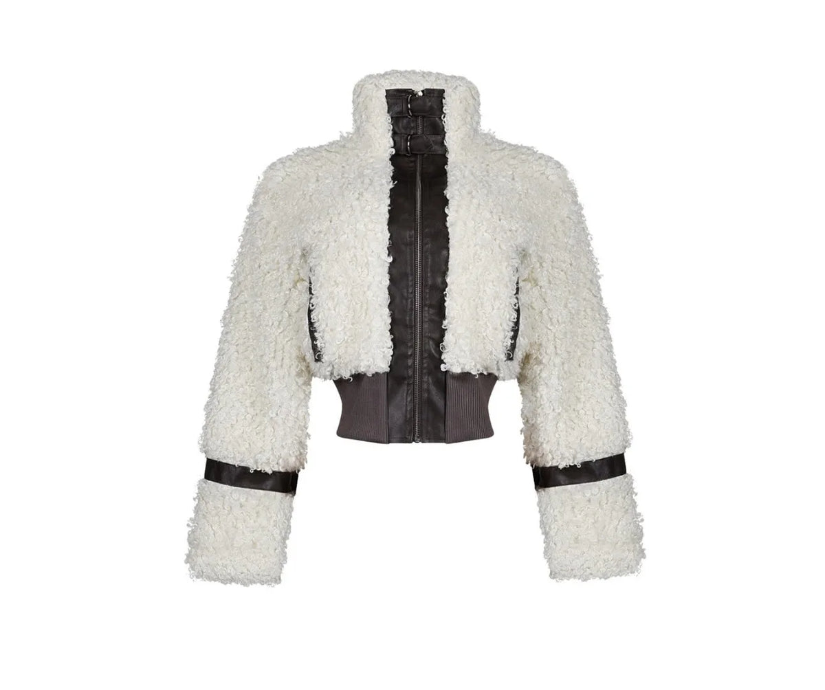 Winter Faux Fur Patchwork Leather Jacket for Women