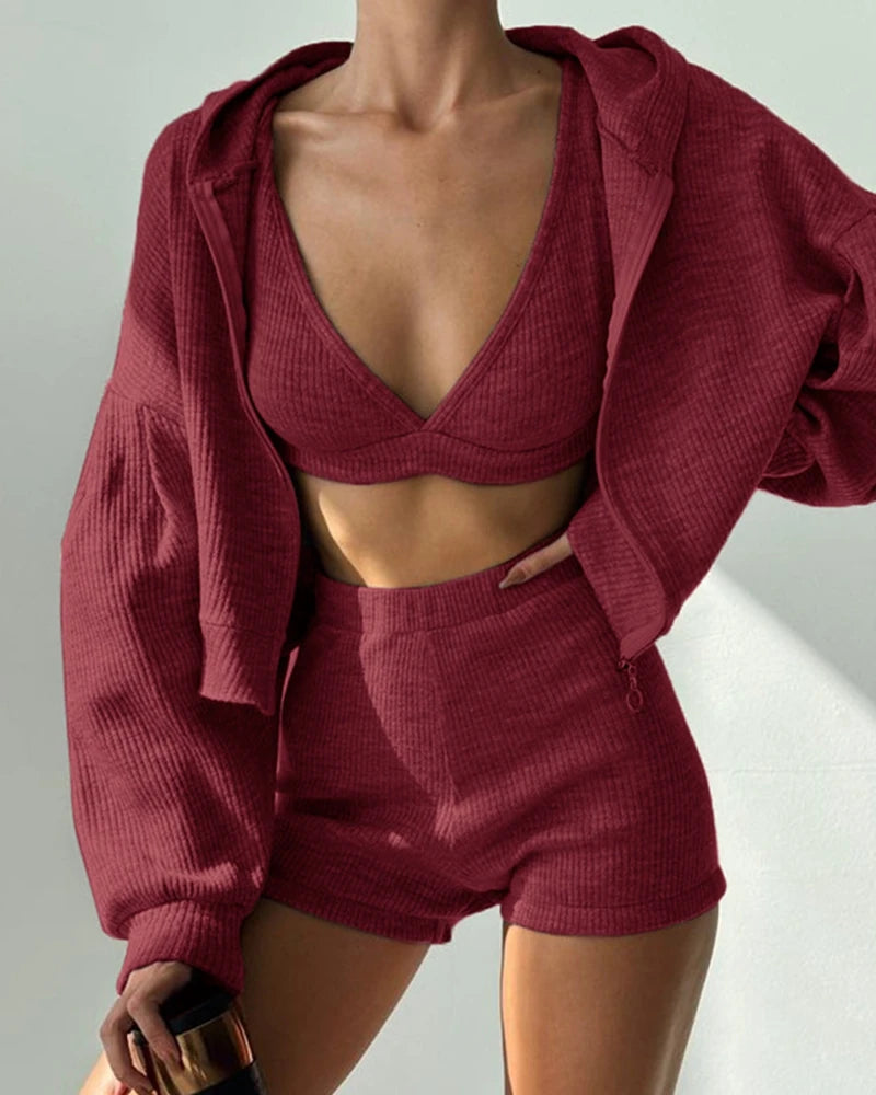 Ribbed Solid Color Three Pieces Sporty Suit Bra & Shorts and Lantern Sleeve Hooded Sweatshirt Coat Casual Suit