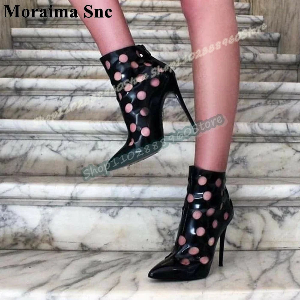 Black Leather Cutout Pointed Toe Stiletto Sandals For Women