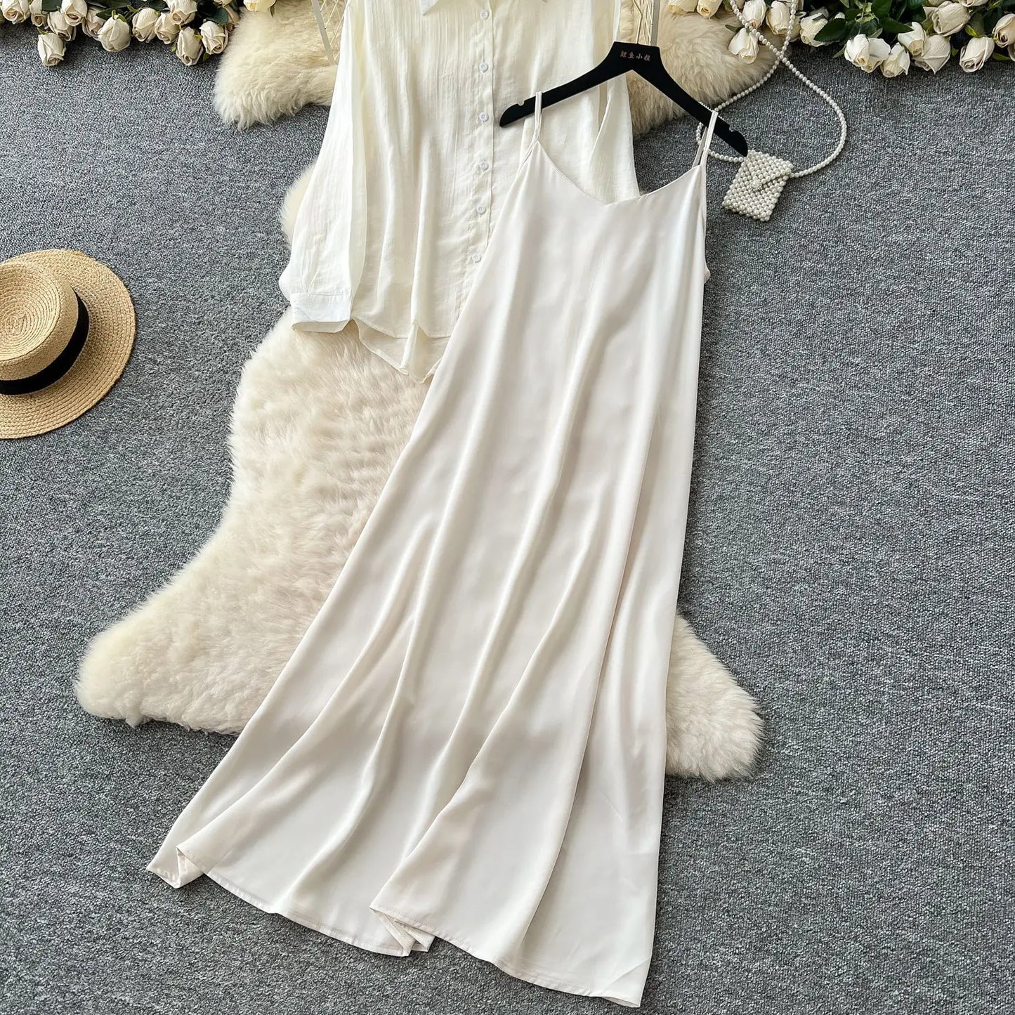 Elegant Long Sleeve Turn Down Collar Solid Color Two Piece Set for Women