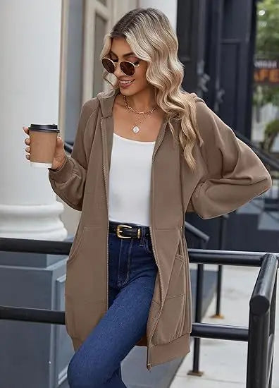 Solid Color Long Sleeve Zippered Hoodies For Women