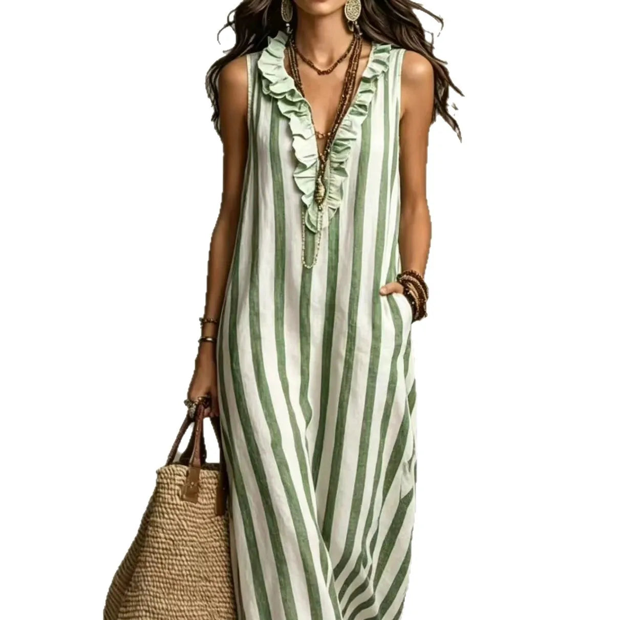 Striped V-Neck Ruffle Sleeveless Pocket Maxi Dress for Women