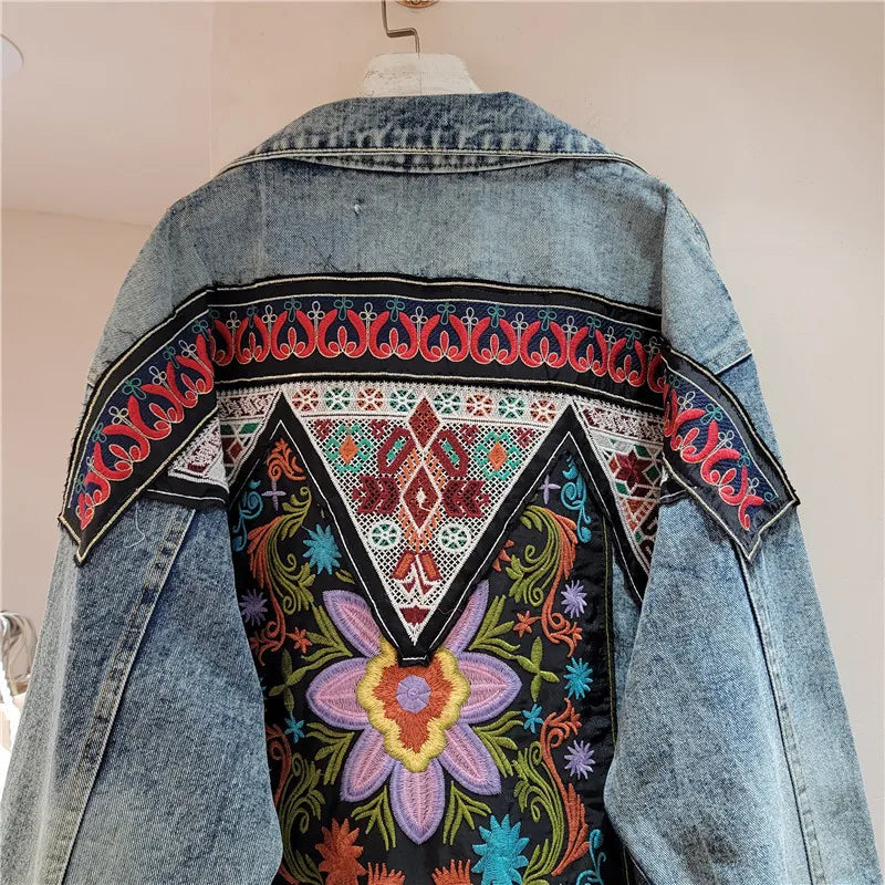 YEAE Ladies Bohemian Denim Jacket Autumn Floral Patch Embroidered Vintage Jacket Long Sleeve Outerwear Women's Jacket