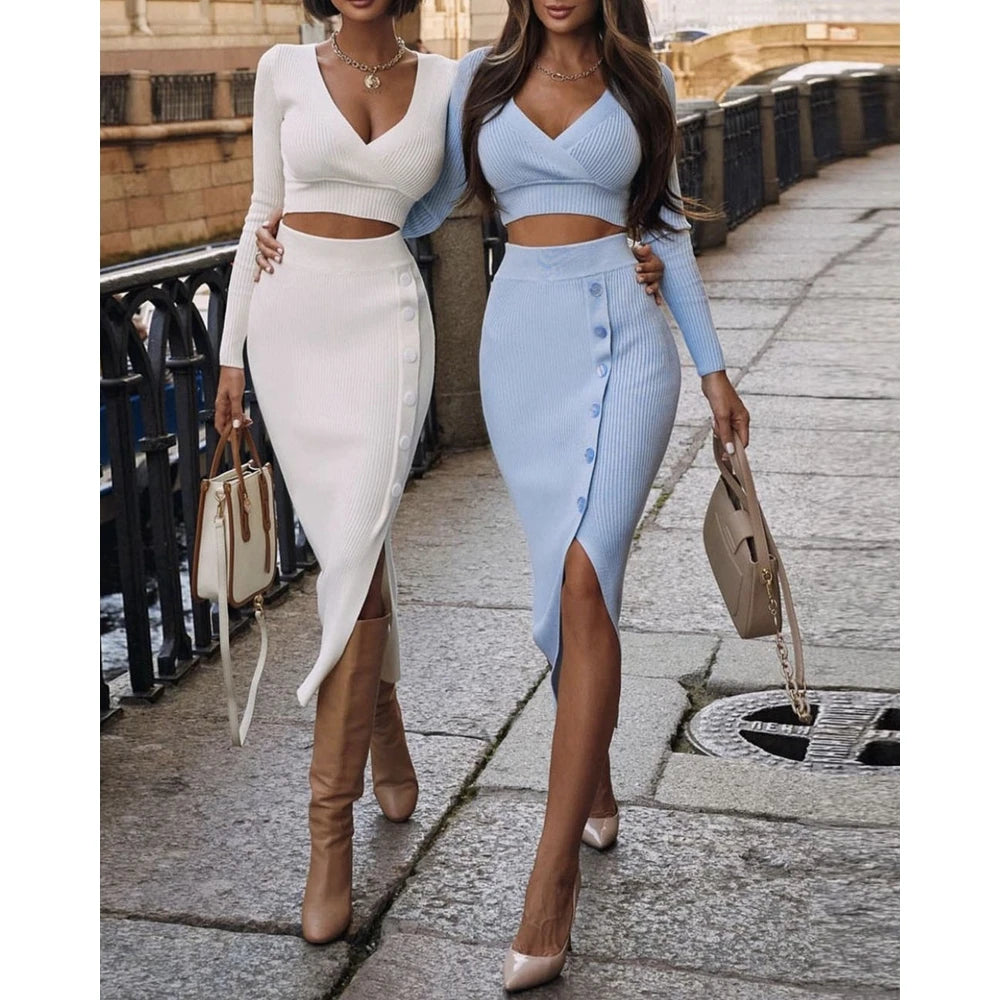 Casual Autumn Women V-Neck Long Sleeve Ribbed Knit Top & Button Slit Midi Skirt Set Slim Fit Two Pieces Dress Set