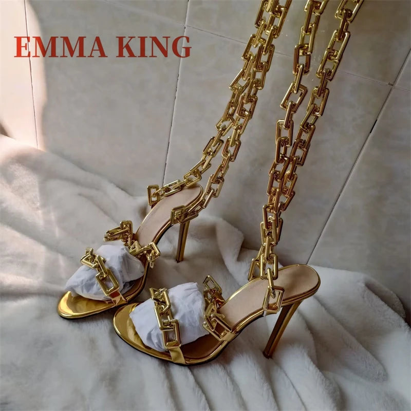 Gold Chain Straps Ankle Wrap Extra High Thin Heel Sandals for Women