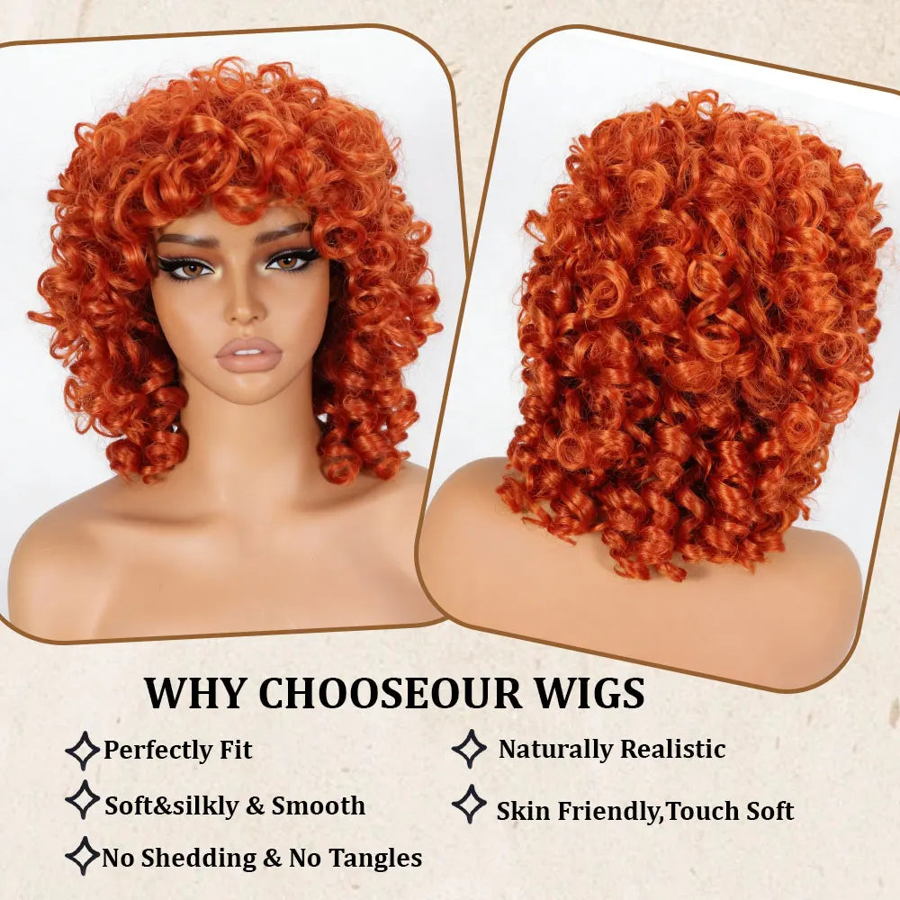 Glueless Natural Ginger Afro Curly Wig With Bangs For Women