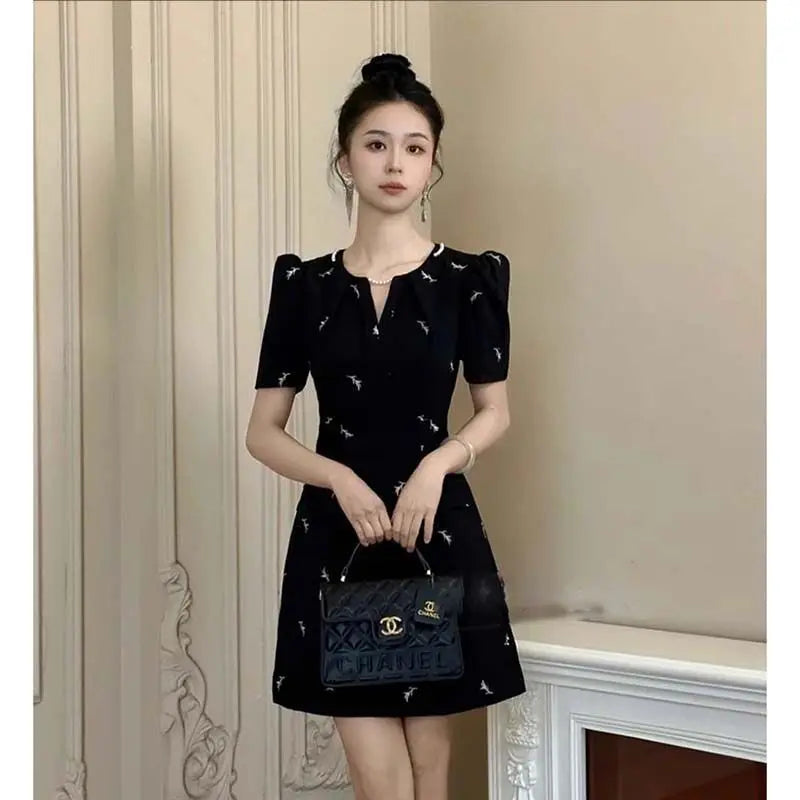 Hepburn Style Knee-Length Black A-Line Dress for Women