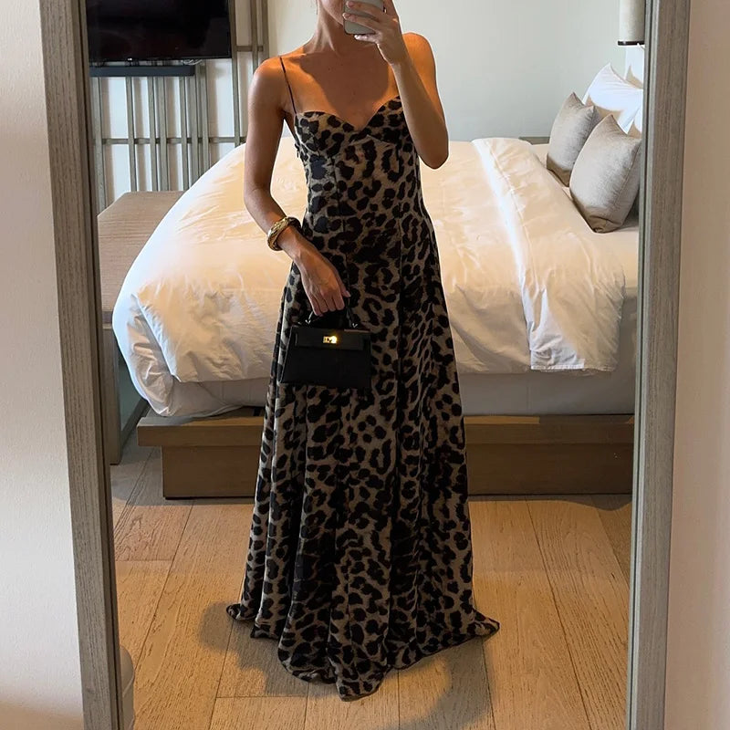 Summer Women Leopard Patchwork Chic Party Dress, Casual Sleeveless Simple Fashion Maxi Dress, 2025 Backless Elegant Ladies Dress