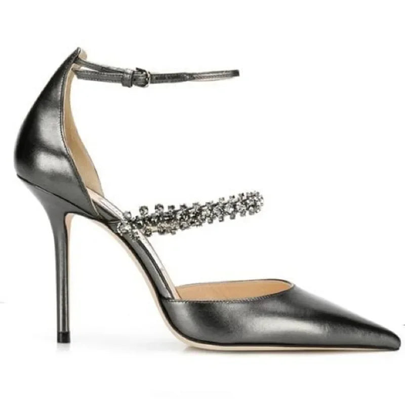 Crystal Embellished Pointed Toe Patent Leather Buckle Heels for Women