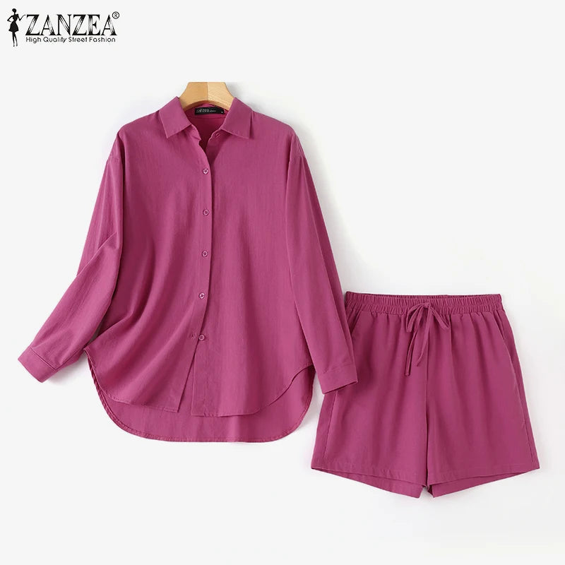 ZANZEA Woman Vintage Solid Matching Sets Spring Casual Street Suit Long Sleeve Lapel Shirt Loose Shorts Elegant Tracksuit