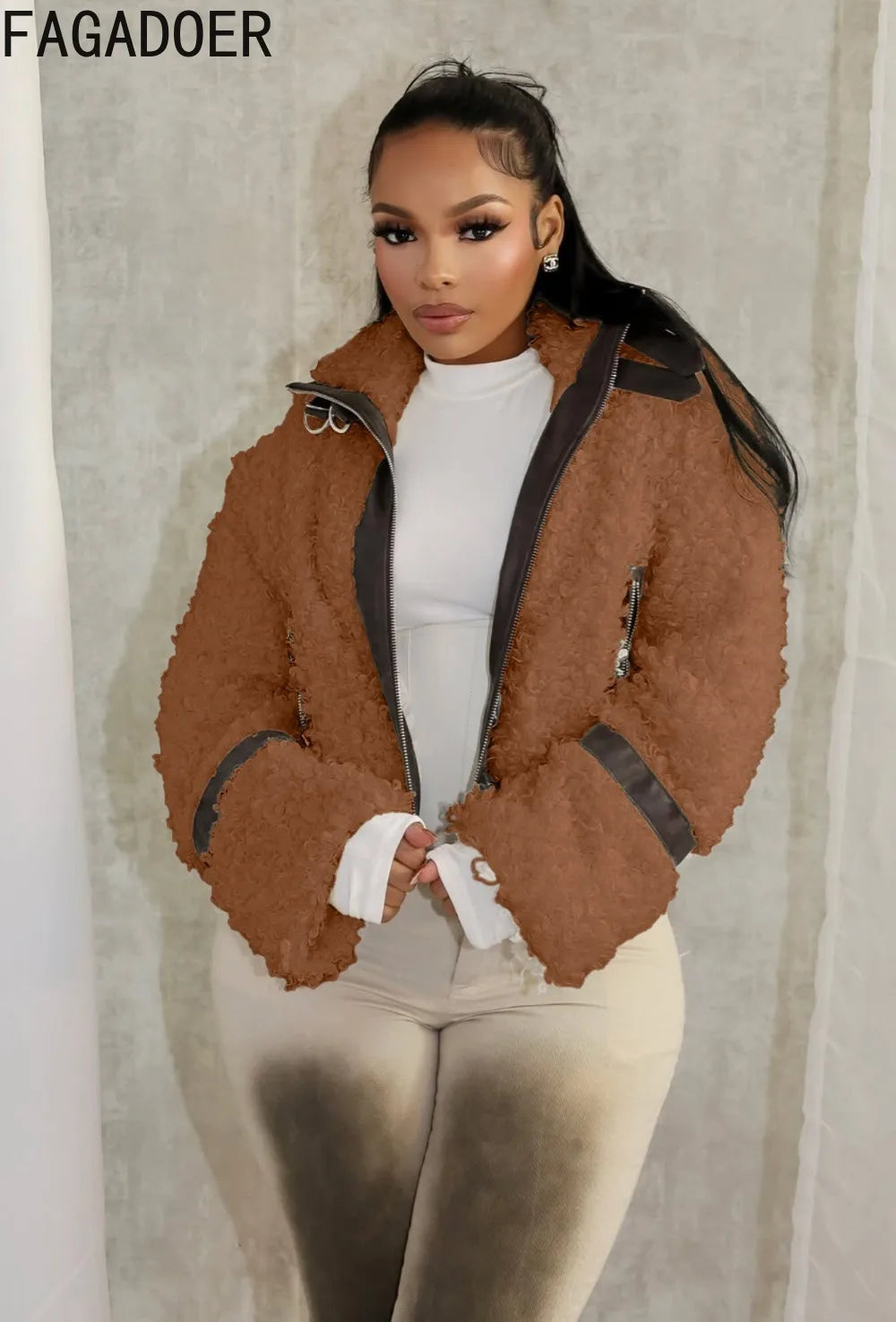 Winter Faux Fur Patchwork Leather Jacket for Women