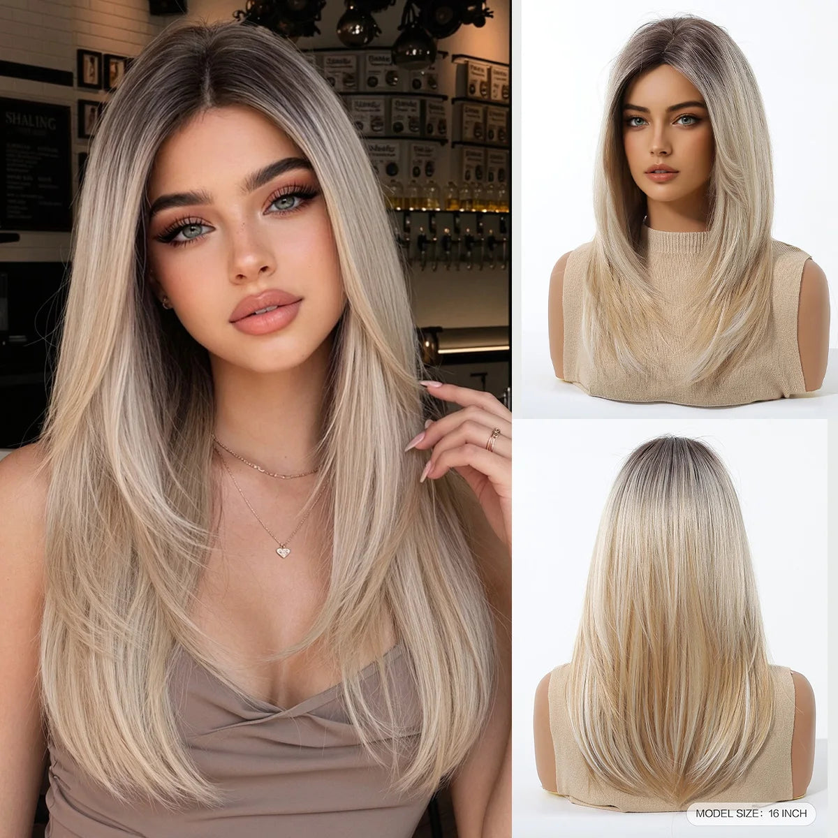 Long Straight White Synthetic Wig With Center Part for Women