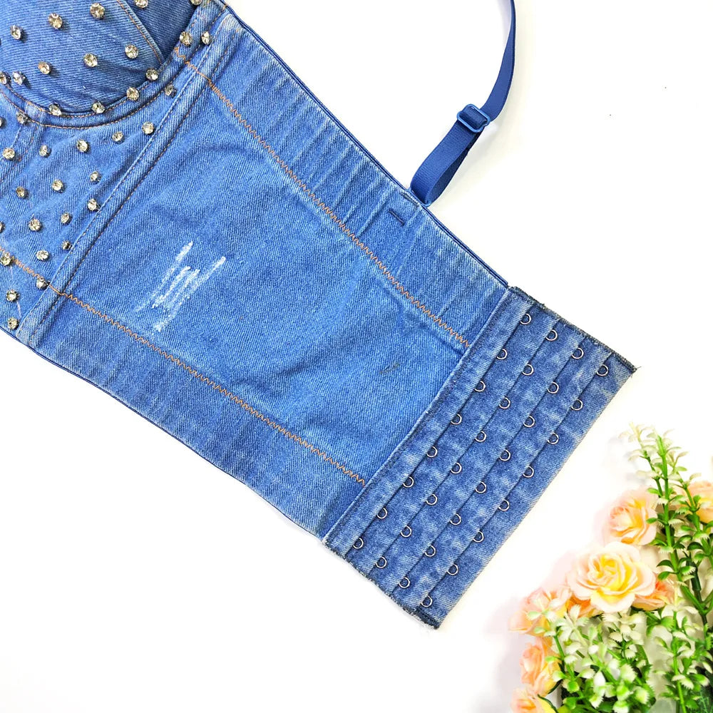 Denim Rhinestone Beaded Spaghetti Strap Bustier for Women
