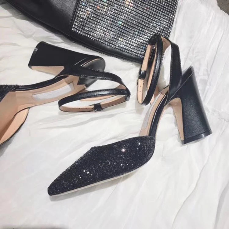 Pointed Toe Crystal Buckle Ankle Strap Square Heel Wedding Pumps for Women