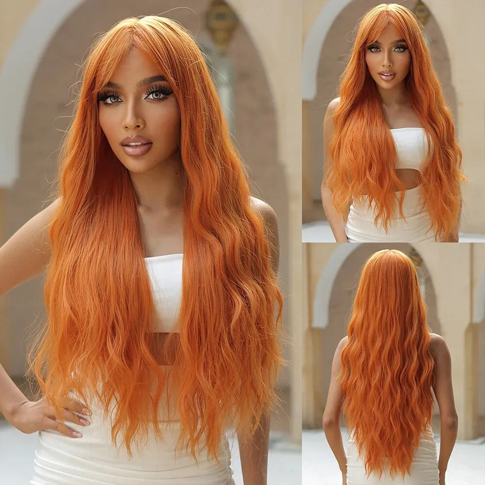 Long Water Wave Orange Synthetic Wig With Bangs for Women