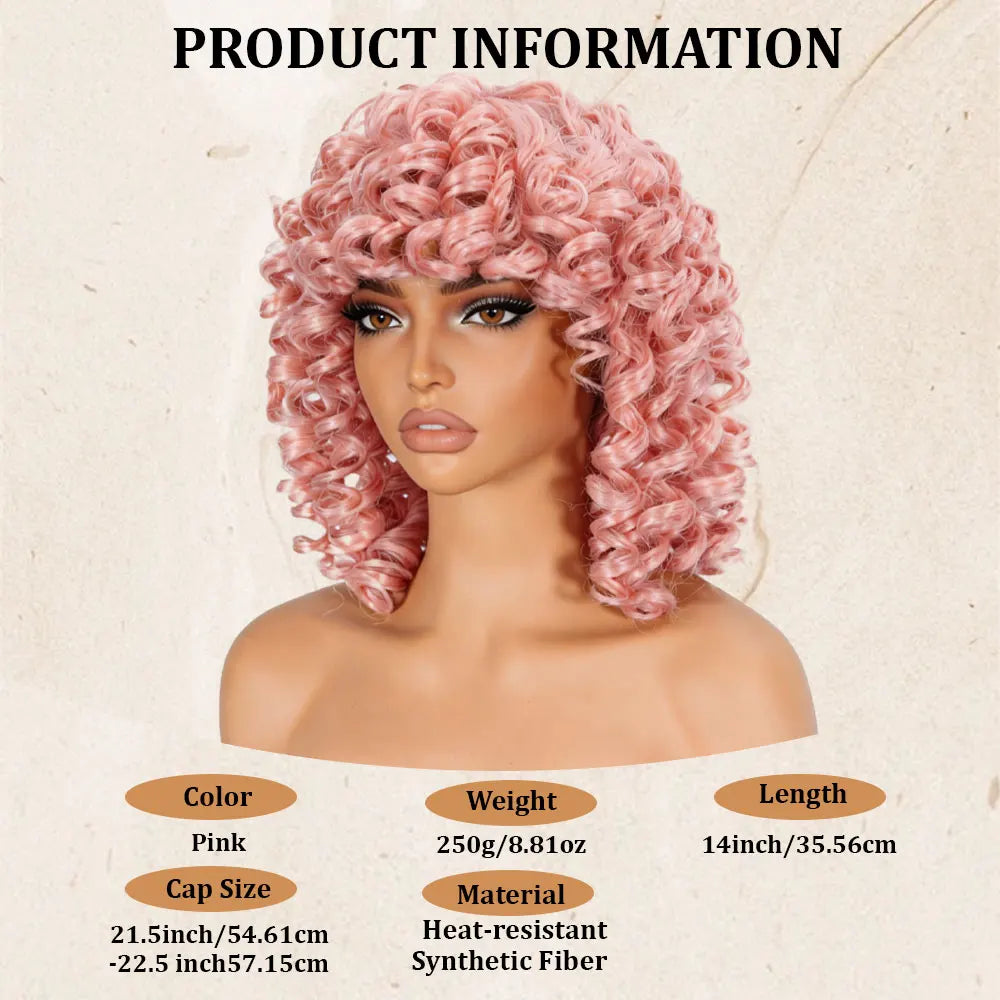 Soft Pink Short Afro Curly Bangs Synthetic Wig for Women