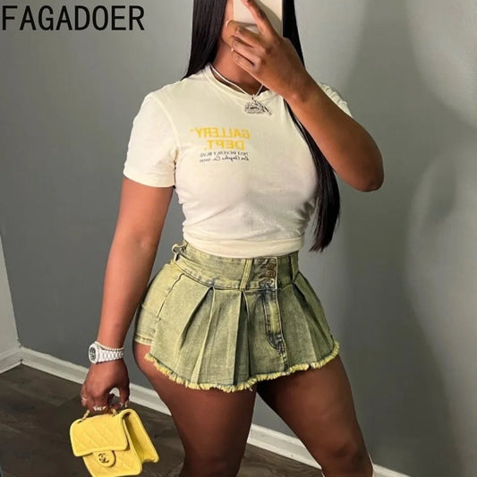 FAGADOER Y2k Denim Shorts Women Pleated Skirt Shorts Summer Stretchy Casual Shorts Retro 90s Fashion Streetwear Short Pants