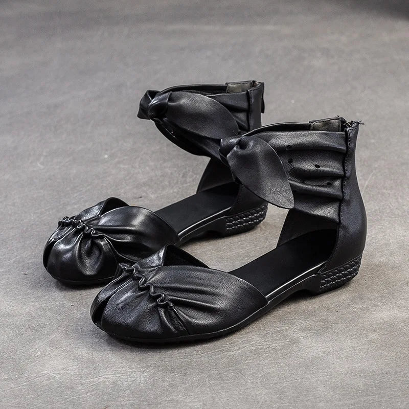 Genuine Leather Breathable Low Heel Peep Toe Sandals for Women