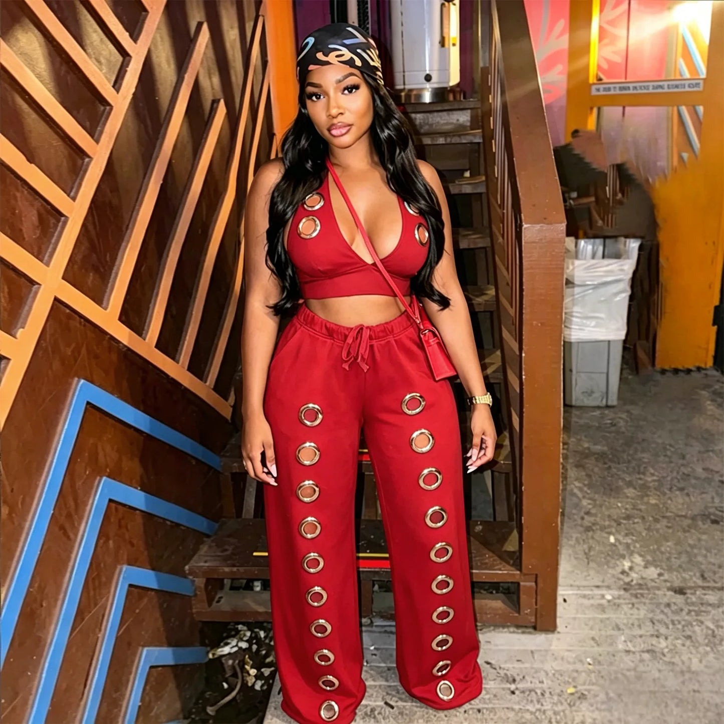 Knit Halter Wide Leg Tracksuit Matching Set for Women