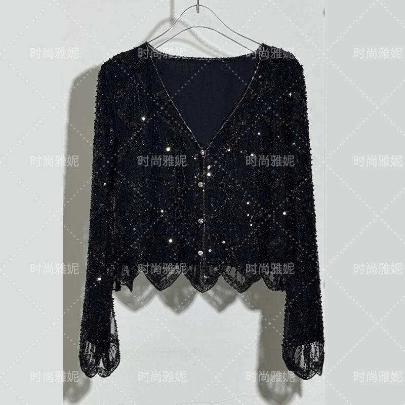 Fashion New Fashion Long-sleeved Sequined Pearl Bead Cardigan Women's Top High-waisted Skirt 2-piece 2025 Spring New Skirt Sets