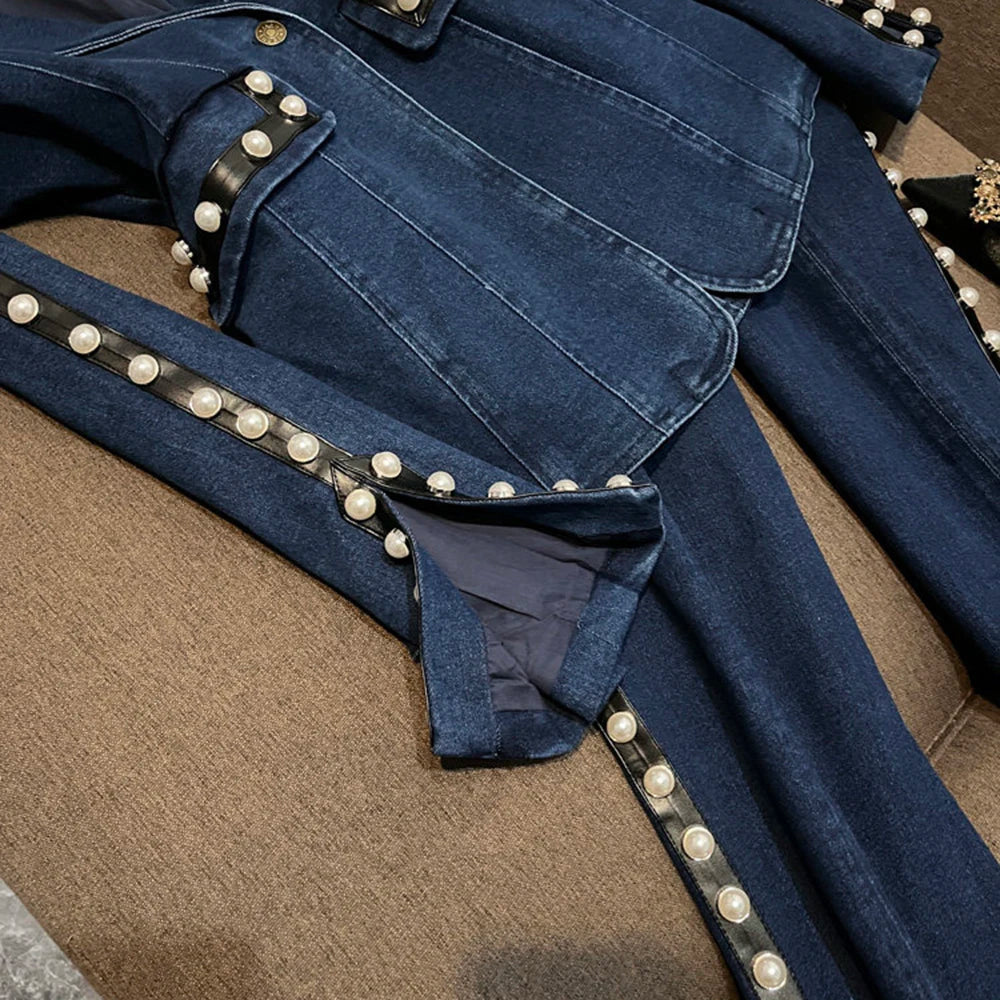 TWOTWINSTYLE Blue Denim Pearl Embellished Suit for Women Tailored Blazer Flared Pants Two Piece Set for Fashion Shows KSE559320