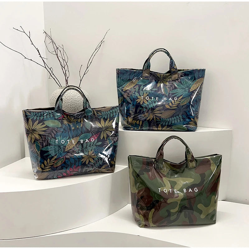 Leaf Print Handbag Pvc Fashion Transparent Waterproof Fashion High-end Shoulder Bag Large Capacity Commuter Tote Bag Shop Bag