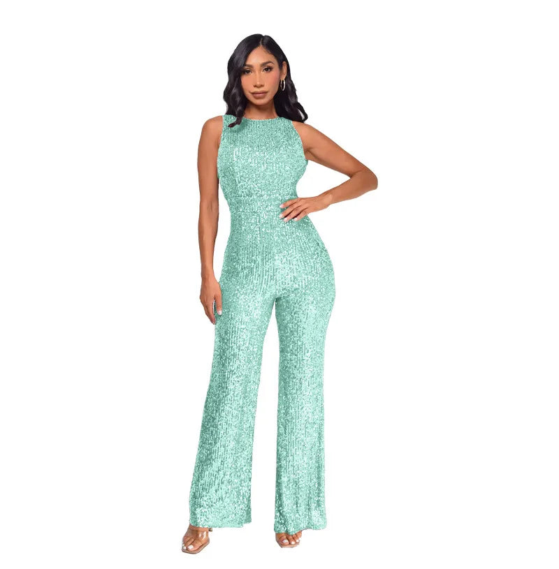 Glitter Sequin Round Neck Sleeveless High Waist Slim Fit Jumpsuit for Women