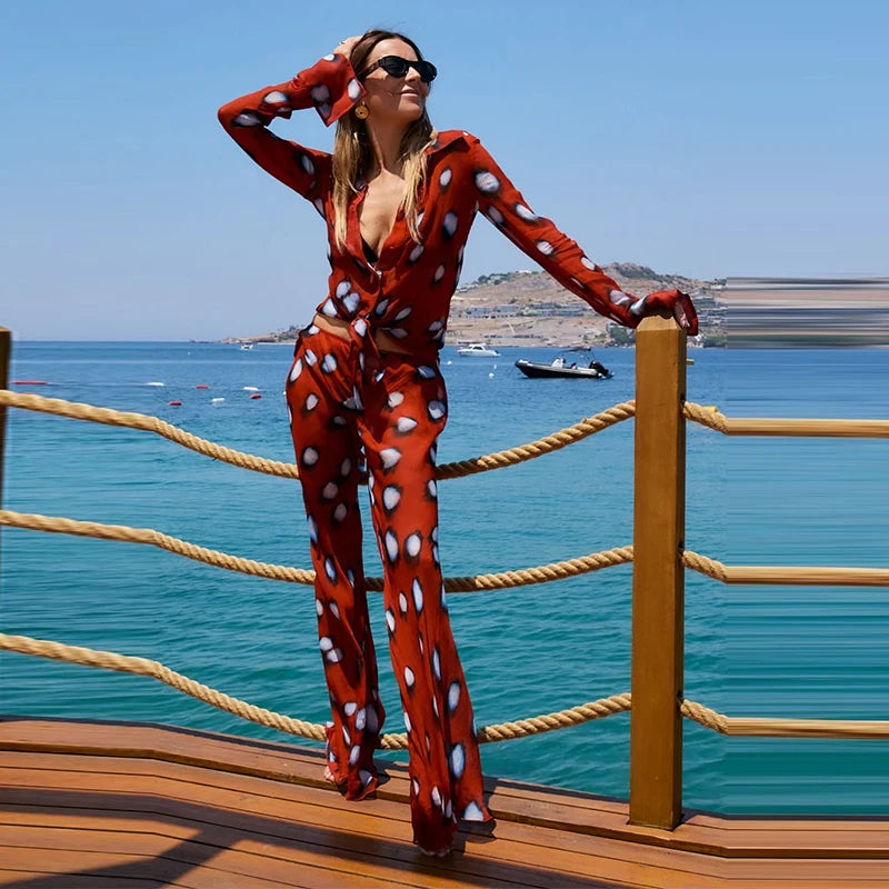 Elegant Vacation Print Shirt and Pants Set for Women