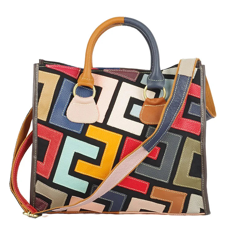 Genuine leather women's bag, ethnic style color contrasting design, large capacity tote bag, women's handbag