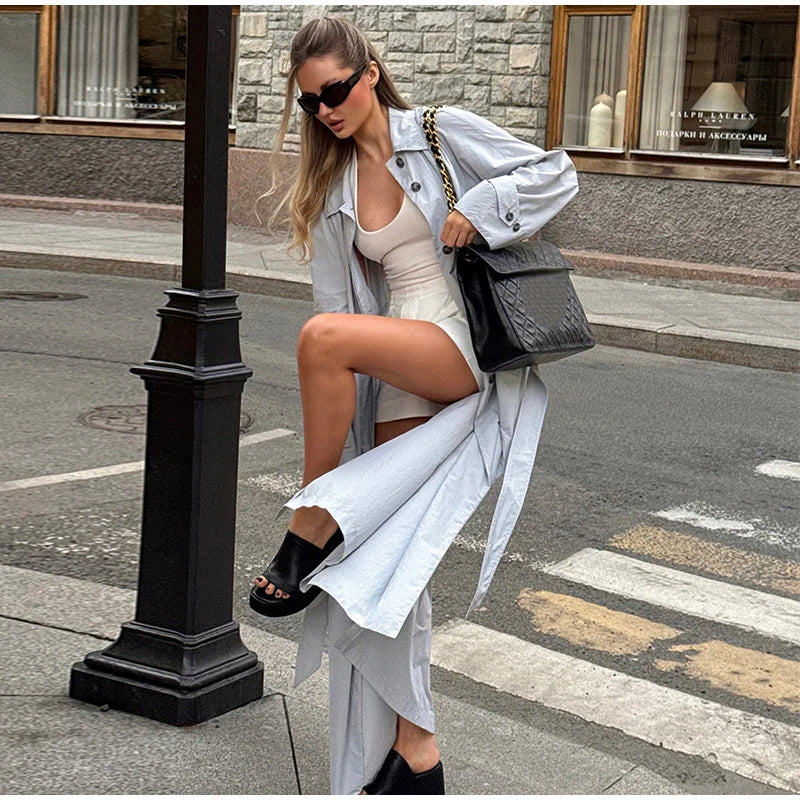 Lapel Collar Button Front Long Trench Coat With Waist Belt for Women