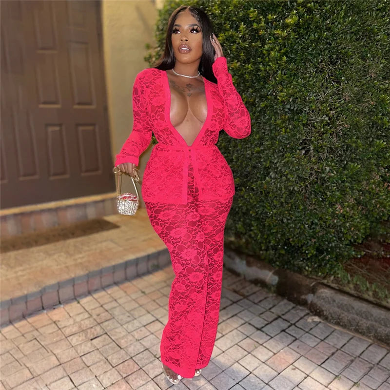 Sexy Lace Sheer Open Stitch Two Piece Set for Women