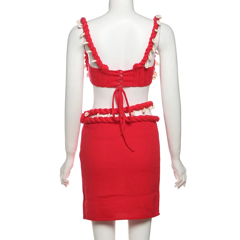 FAGADOER Sexy Knit 2 Piece Sets Woman Outfit Strap Low Neck Camis+Slash Waist Mini Skirts Suits Female Hipster Beach Clothing
