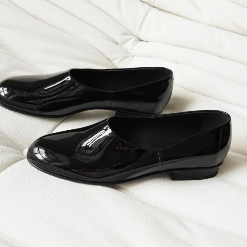 Low Heel Slip On Patent Leather Round Toe Pumps for Women