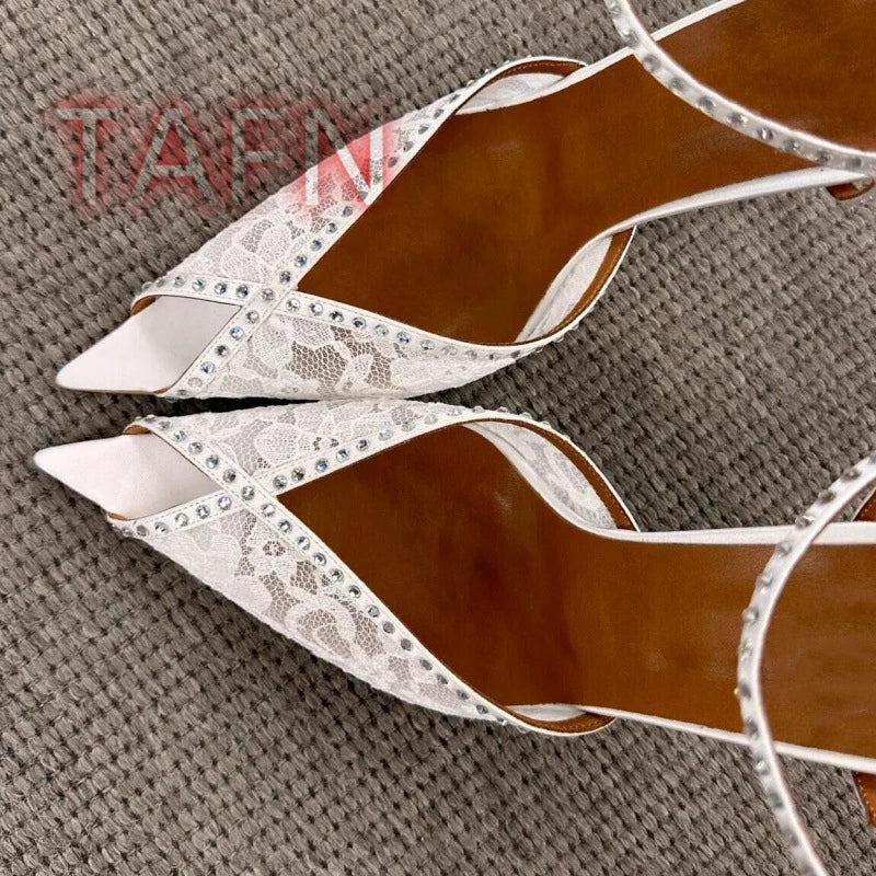 White Rhinestone Lace Sandals With Ankle Buckle for Women