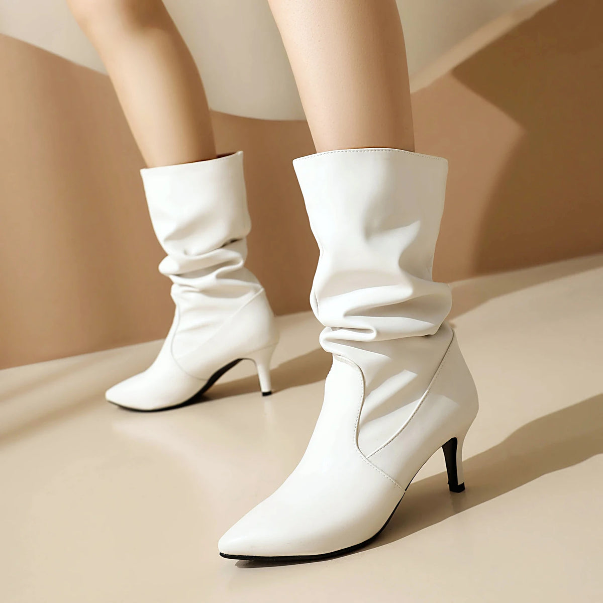 Metallic Pleated Pointed Toe Mid-Calf Stiletto Boots for Women