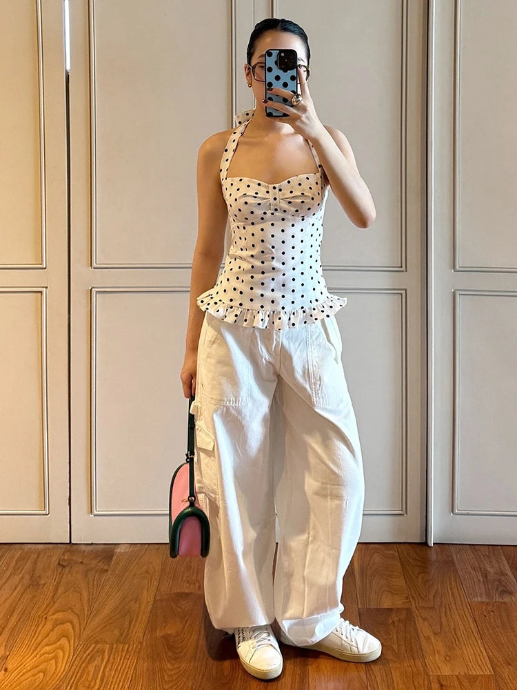 Polka Dot Halter Backless Bodycon Top With Ruffle Trim For Women