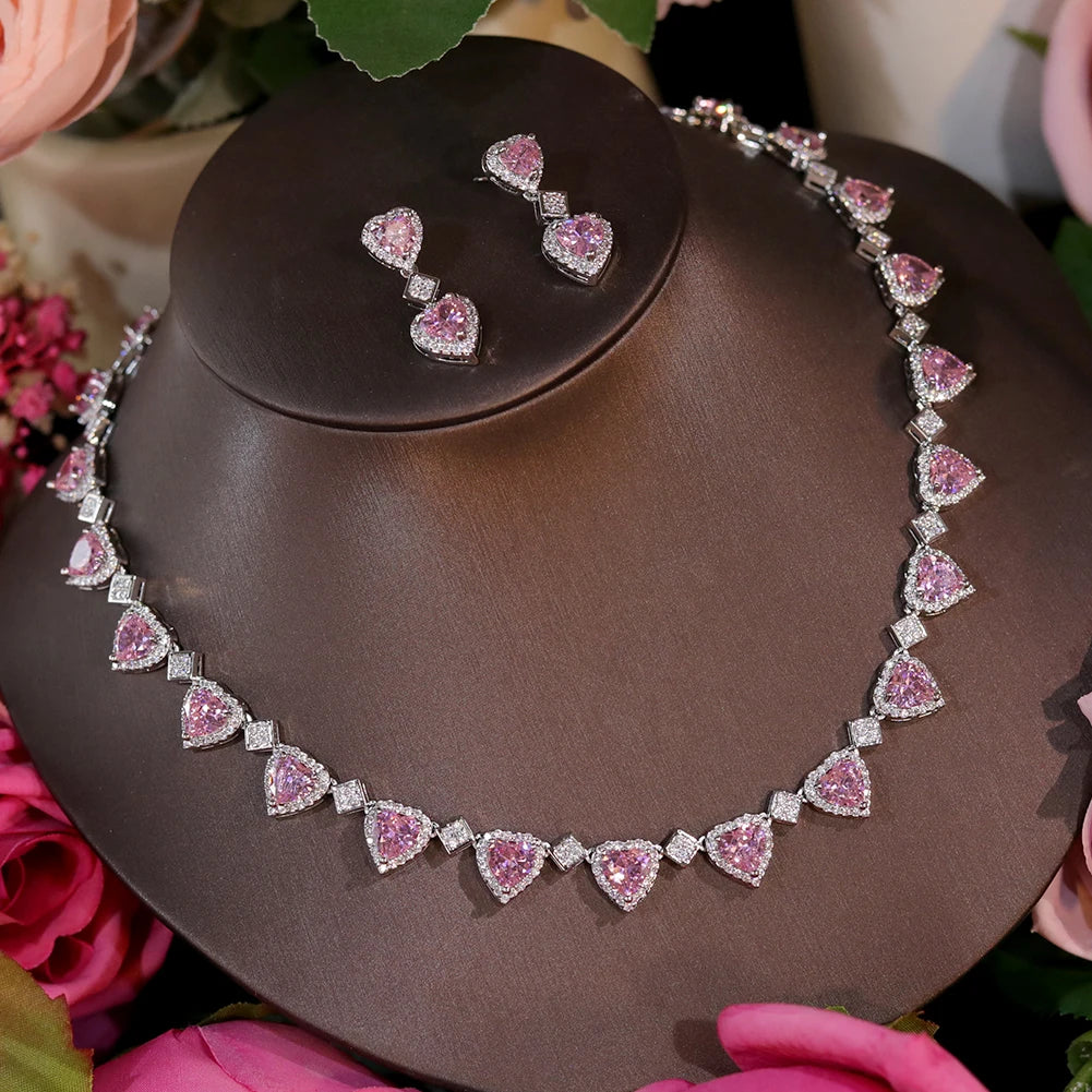Pink Heart Crystal Necklace And Earring Set For Women