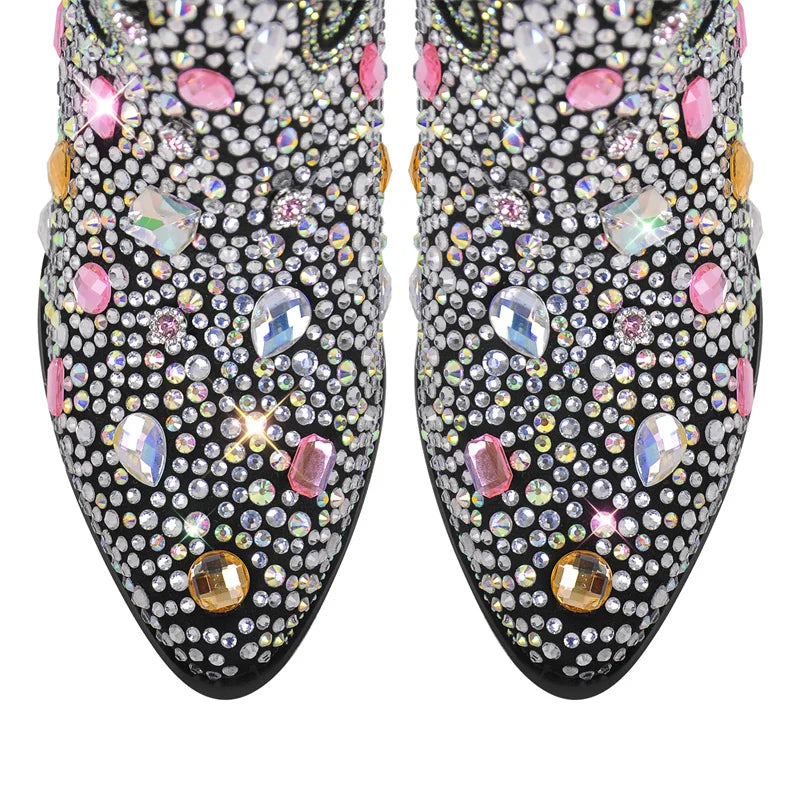 Rhinestone Knee High Cowgirl Boots With Chunky Heels for Women