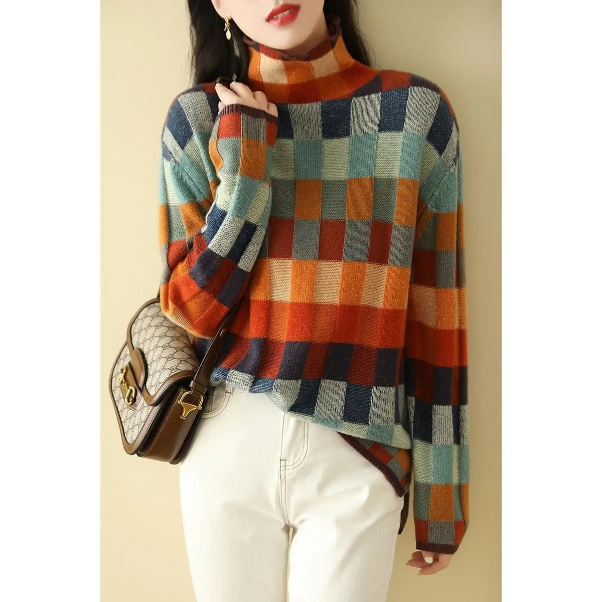 Cozy Thick Knit Turtleneck Sweater With Plaid Pattern For Women