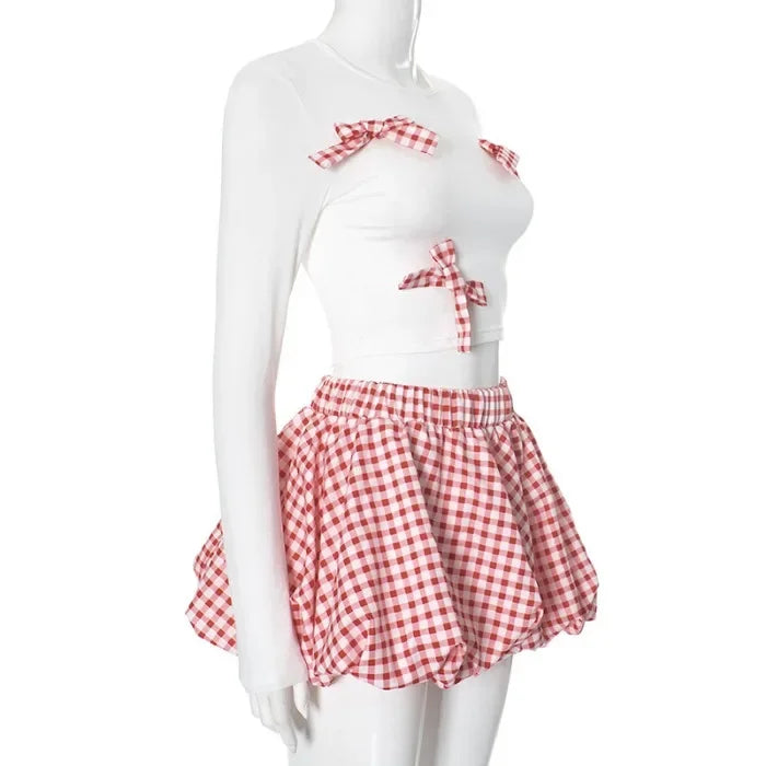 2 Piece Skirt Set for Women Bow Decoration Long Sleeves Top and Versatile Plaid Dresses Y2k Suit Spring and Summer 2025 New