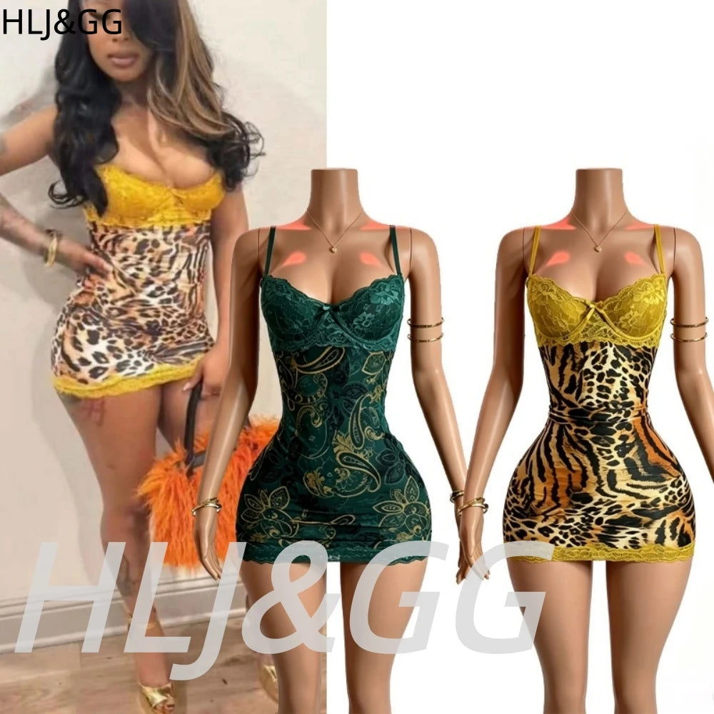 Leopard Print Lace Spaghetti Strap Bodycon Dress for Women